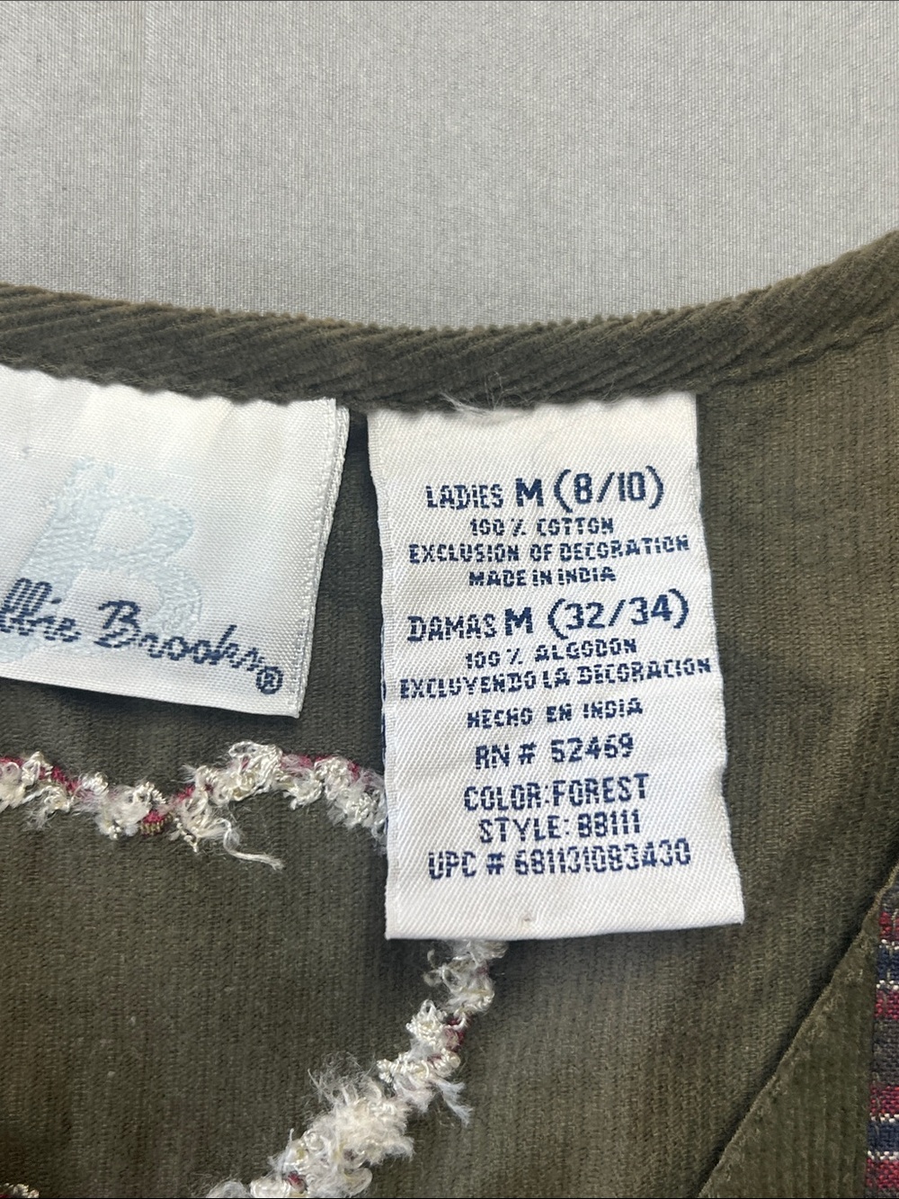 Bobbie Brooks Olive Green Patchwork Embroidered Corduroy Vest with Pink Accents - Picture 2 of 5